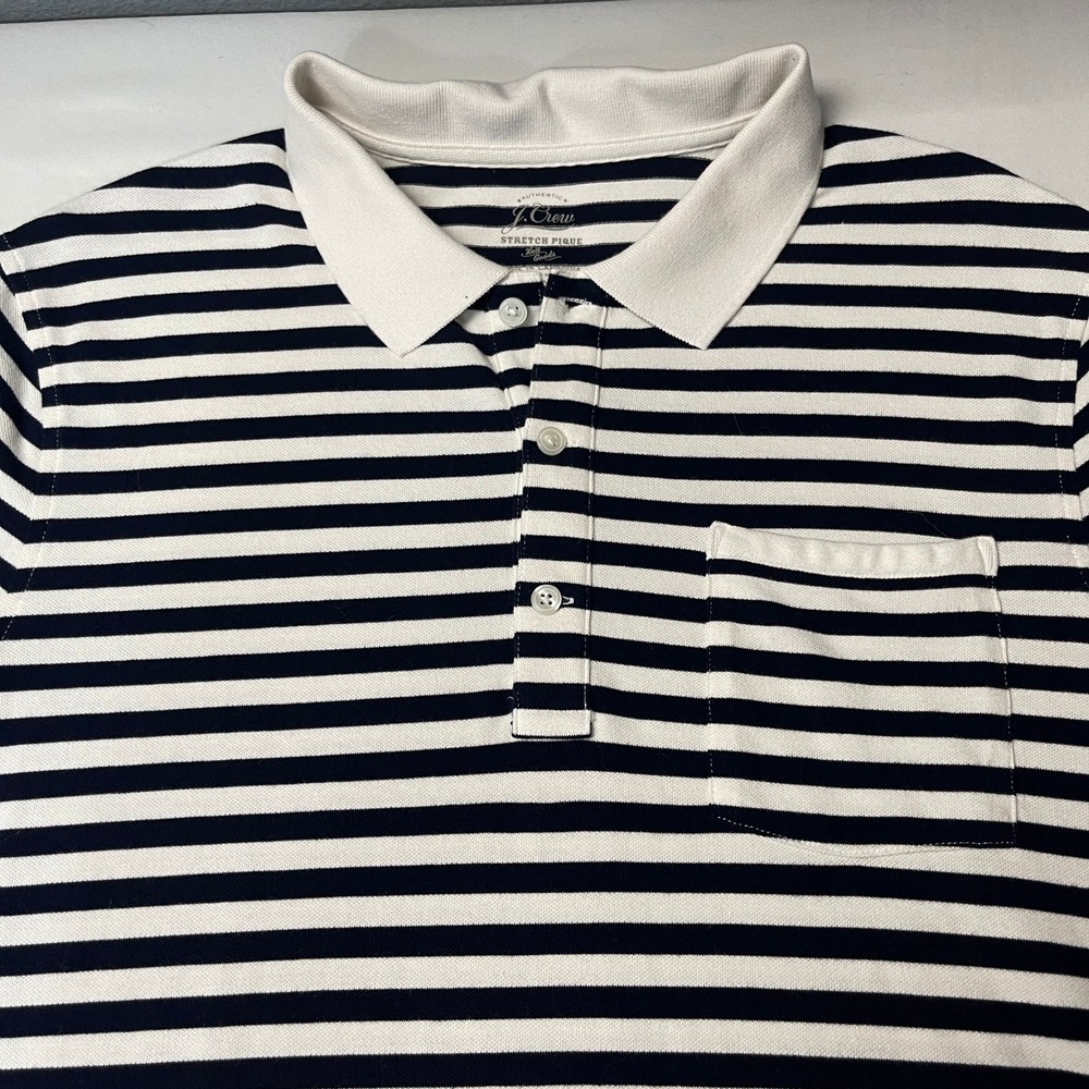 J.Crew‎ XL Navy Striped Polo Shirt Classic Fit Cotton Preppy Nautical Pocket